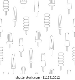 Vector illustration: seamless pattern with  ice cream, fruit ice and frozen yogurt icons with wooden sticks in linear style isolated on white background. Childish ornament for walpaper and fabric.