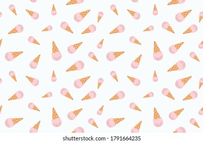 Vector illustration of a seamless pattern with ice cream cones on a light background.