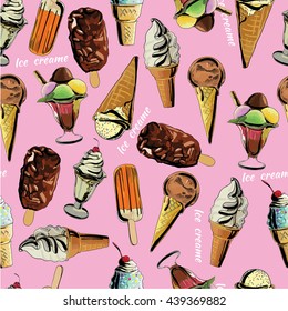 Vector illustration of seamless pattern ice cream. Hand drawn dessert background. Sweet template, wallpaper, fabric, scrap booking,