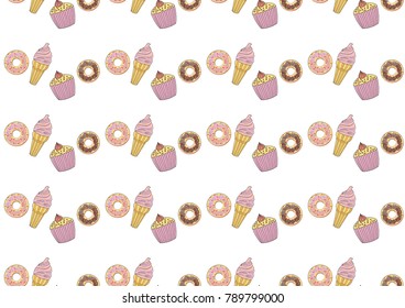 Vector illustration seamless pattern of ice cream, cupcakes and doughnuts