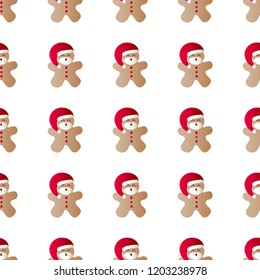 Vector illustration seamless pattern with icons of gingerbread men dressing in red Santa Claus' clothes and beard on a white background