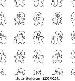 Vector illustration seamless pattern with icons of gingerbread men with gift bag, Santa Claus' clothes and beard on a white background. Black outline