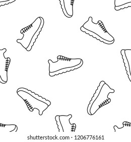 Vector illustration seamless pattern with icons of sport running shoes (sneakers). Black outline. White background