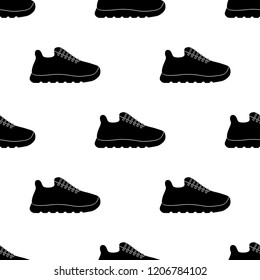 Vector illustration seamless pattern with icons of sport running shoes (sneakers). Black silhouette. White background