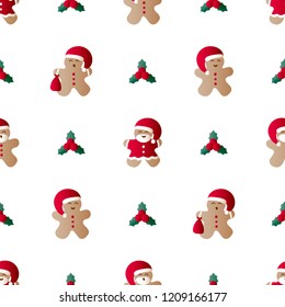 Vector illustration seamless pattern with icons of christmas leaf, gingerbread men with gift bag, red Santa Claus' clothes and beard on a white background