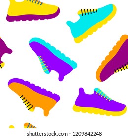 Vector illustration seamless pattern with icons of sports running shoes (sneakers). White background