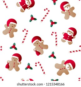 Vector illustration seamless pattern with icons of candy canes, christmas leaf, gingerbread men with gift bag, red Santa Claus' clothes and beard on a white background