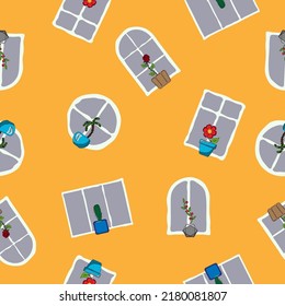 vector illustration of a seamless pattern with the image of indoor flowers on the background of windows