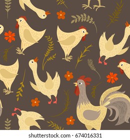 Vector illustration. Seamless pattern with the image of a poultry. Goose, chicken and cock. For clothes, fabrics, wallpapers and graphic design