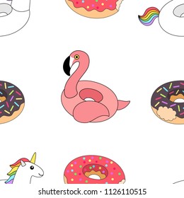 Vector illustration: seamless pattern  inflatable swimming accessories rubber Unicorn with rainbow mane, pink Flamingo and two donuts pink and chocolate in cartoon style isolated on white background