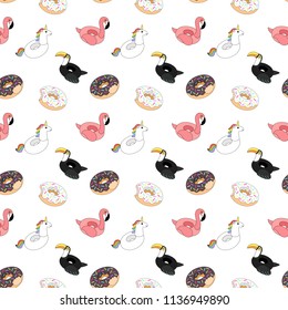 Vector illustration: seamless pattern  inflatable swimming accessories rubber Unicorn with rainbow mane, pink Flamingo, black Toucan and two donuts  in cartoon style isolated on white background