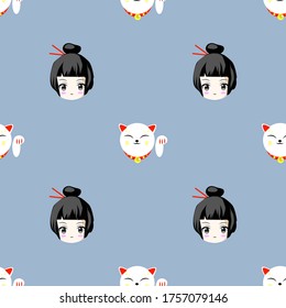 ilustración vectorial patrón sin fisuras con chibi japonés anime manga girl y chibi cat joy maneki neko