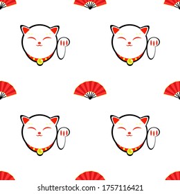 vector illustration seamless pattern with japanese chibi anime manga cat happiness maneki neko and fan