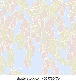 Vector illustration of seamless pattern with jujube berries. Pale pastel linear graphic: green,  white, pink, blue.  Good for textile printing.Perfect for wrapping paper, designer paper for notes etc.