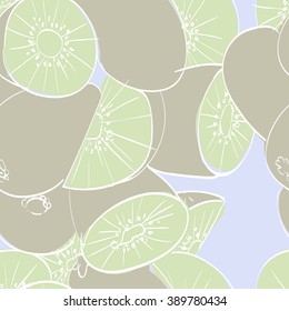 Vector illustration of seamless pattern with kiwi.Pale pastel linear graphic: green,  white, blue. Hand drawing. Good for textile printing.Perfect for wrapping paper, designer paper for notes etc.