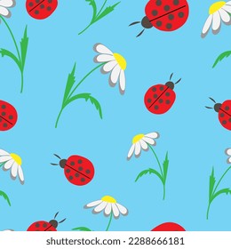 vector illustration of a seamless pattern of ladybugs and daisies on a blue background