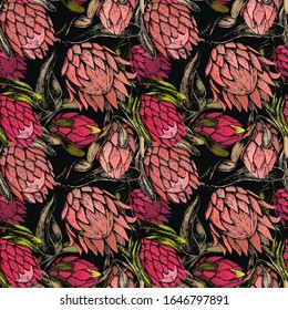 Vector illustration of a seamless pattern with large pink buds of a protea flower. Large decorative flowers on a dark background. Textiles, wallpaper, fabric, decoration of the bedroom and living room