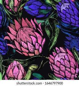 Vector illustration of a seamless pattern with large blue and pink buds of a protea flower. Large flowers on a dark background. Textiles, wallpaper, fabric, decoration of the bedroom and living room