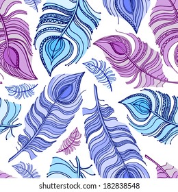 Vector illustration. Seamless pattern of large colorful feathers