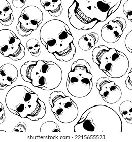 Vector illustration. Seamless pattern of large and small human skulls, hand drawn. Repetitive wallpaper of bones. Creepy evil Halloween background. The day of the Dead. Design of wrapping, gift paper.