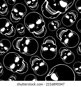 Vector illustration. Seamless pattern of large and small human skulls, hand drawn. Repetitive wallpaper of bones. Creepy evil Halloween background. The day of the Dead. Design of wrapping, gift paper.