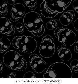 Vector illustration. Seamless pattern of large and small human skulls, hand drawn. Repetitive wallpaper of bones. Creepy evil Halloween background. The day of the Dead. Design of wrapping, gift paper.