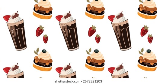 vector illustration seamless pattern of latte and pastries