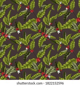 Vector illustration of a seamless pattern with leaves, flowers and berries on the branches of a coffee tree in a cartoon style. Elegant, infused pattern for coffee packaging and coffee brand design