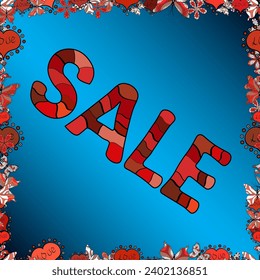 Vector illustration. Seamless pattern. Lettering. Picture in black, blue and red colors. Sale tags on a black, blue and red background.