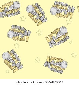 vector illustration seamless pattern lettering,hand drawing,new year with Christmas tree toy ball.light yellow background,for wallpaper or fabric,furniture