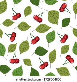 Vector illustration. Seamless pattern with light and dark green leaves and ripe red cherries on white background. Design for gift-wrap, wallpaper, cover, fabric, textile makers.