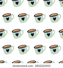Vector illustration seamless pattern of light green ceramic mugs with heart motif on white background. Cozy autumn drink repeating wallpaper with warm tea or coffee cup icons.