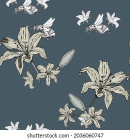 vector illustration seamless pattern lily flowers,steam punk wasp on blue background,for wallpaper,fabric or furniture