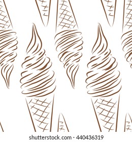 Vector illustration: Seamless pattern with line ice cream cones on white background. Line design. Hand drawing.