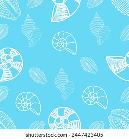 Vector illustration - seamless pattern with linear white seashells. Suitable for print, greeting cards, invitations, design, backgrounds, web