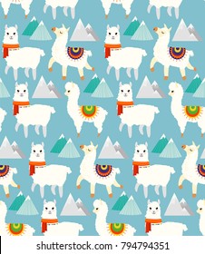 Vector Illustration seamless pattern with llamas, alpacas, mountains and hand drawn elements, childish texture for textile in flat cartoon style.