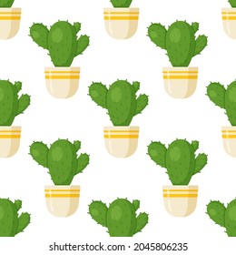 Vector illustration of a seamless pattern of lobed cacti. Indoor plants in pots. Cacti, ivy in pots on ropes. 