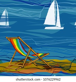 Vector illustration of seamless pattern with lounge on brink and sailing-ship on water. Drawing wallpaper with yellow sand