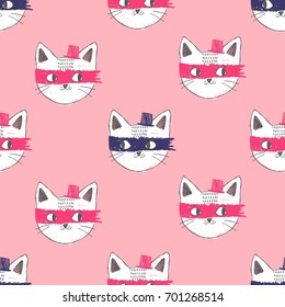 Vector illustration, seamless pattern with lovely heads of white cat in hat and in the mask of a superhero. Can be used for wallpapers, fashion, paper, textile, scrapbooking, web design and others