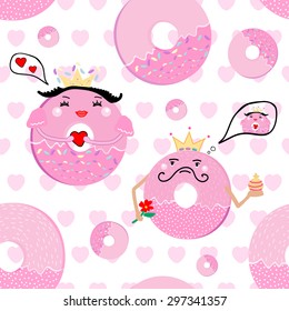 vector illustration seamless pattern loving couple of donuts. King and queen