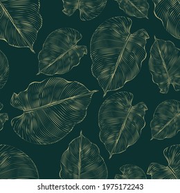 Vector illustration. Seamless pattern. Luxurious gold floral print on a green background. Floral pattern, golden leaf of philodendron, violets with lines.