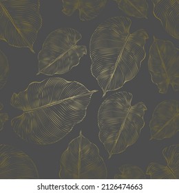 Vector illustration. Seamless pattern. Luxurious gold floral print on a gray background. Floral pattern, golden leaf of philodendron, violets with lines.