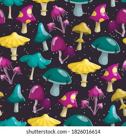 Vector illustration seamless pattern. Magic fairy mushrooms of different shapes and colors. Background decoration.