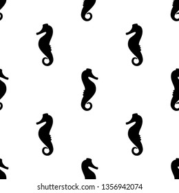Vector illustration seamless pattern. Marine tropical design. Black silhouette of sea horse. White background