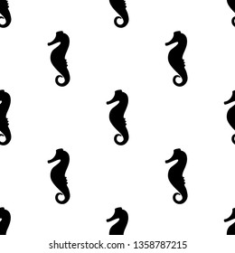 Vector illustration seamless pattern. Marine tropical design. Black silhouette of sea horse. White background