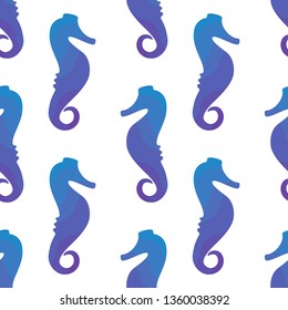 Vector illustration seamless pattern. Marine tropical design. Blue gradient silhouette of sea horse. White background