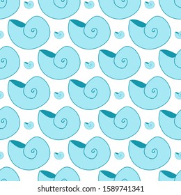 Vector illustration. Seamless pattern with marine animals. Blue seashell. White background. Best for child design or textile. Simple hand drawn  