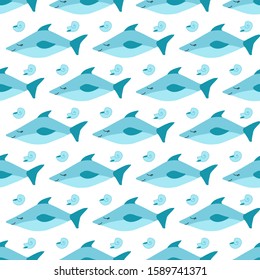 Vector illustration. Seamless pattern with marine animals. Seashell and shark. White background. Best for child design or textile. Simple hand drawn  