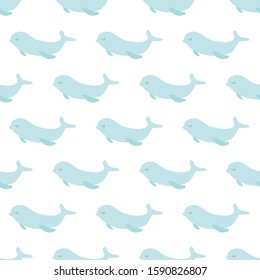 Vector illustration. Seamless pattern with marine animals. Beluga. White background. Best for child design or textile. Simple hand drawn  