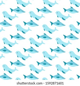 Vector illustration. Seamless pattern with marine animals. blue narhwal and shark. White background. Best for child design or textile. Simple hand drawn  